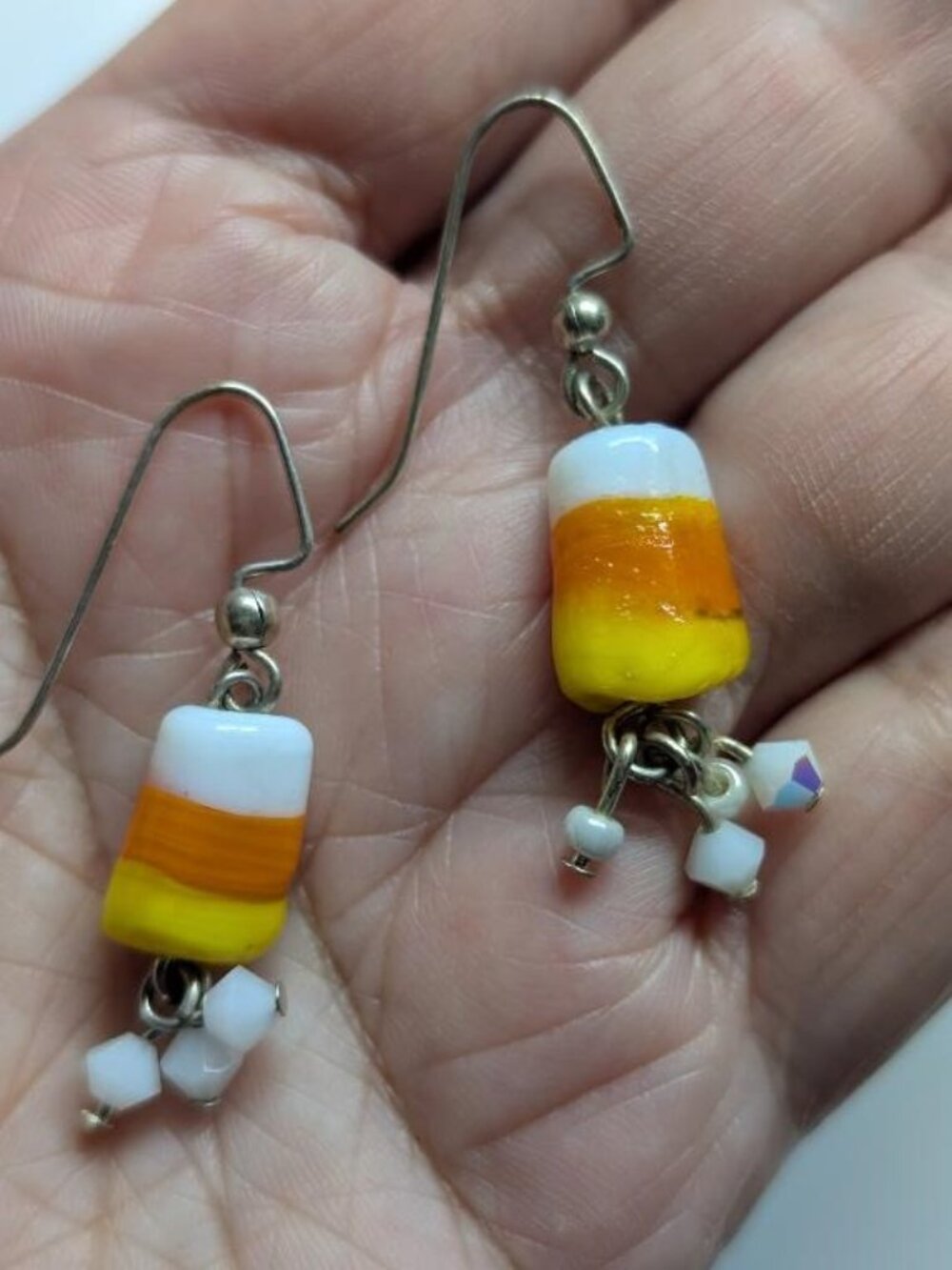 Vintage Halloween Glass Candy Corn Earrings with White Charms.